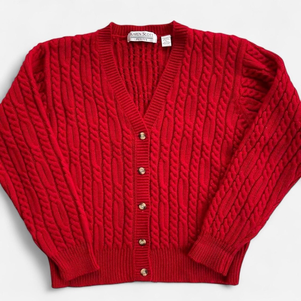 Vintage Karen Scott Petites Classic Red Cable Knit Button Front Cardigan Sweater